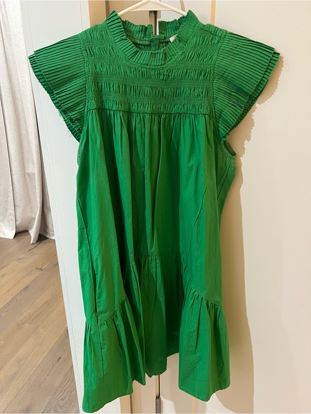 Pleated Smocked Green Casual Dress